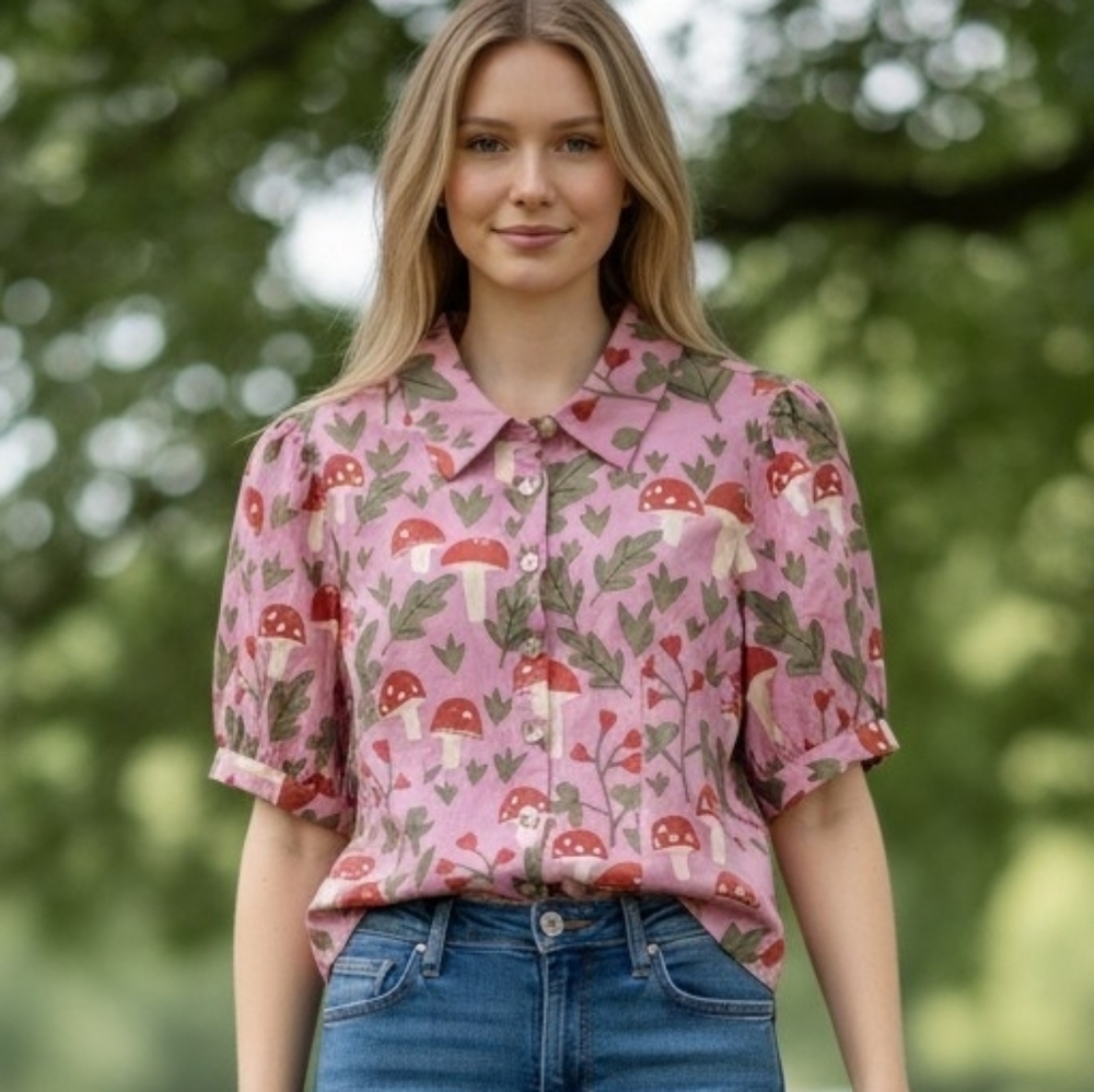 Princess Highway Dusty Pink Mushroom Pattern Button Front Top Women's Size 8